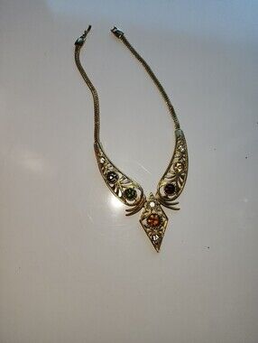 Gold-Tone Multi Gem Fashion Statement Necklace with Green and Amber Stones